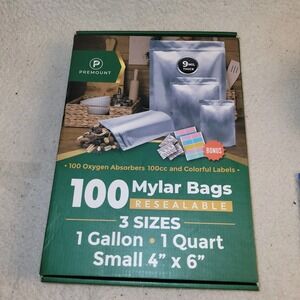 100 Mylar Bags Resealable 9 Mil Food Storage Set + 100 Oxygen Absorbers 3 Sizes